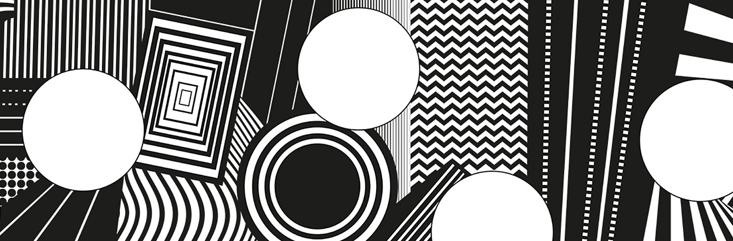 A black-and-white geometric pattern featuring circles, rectangles and stripes