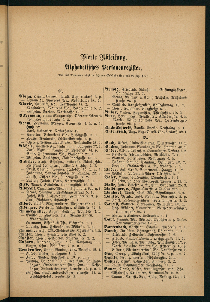 Gelblich verfärbte Seite eines historischen Adressbuches mit zweispaltigen Einträgen in Druckschrift