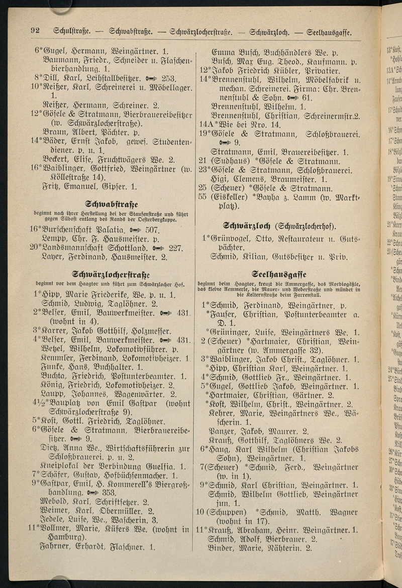 Gelblich verfärbte Seite eines historischen Adressbuches der Stadt Tübingen mit zwei Spalten an Einträgen in Druckschrift